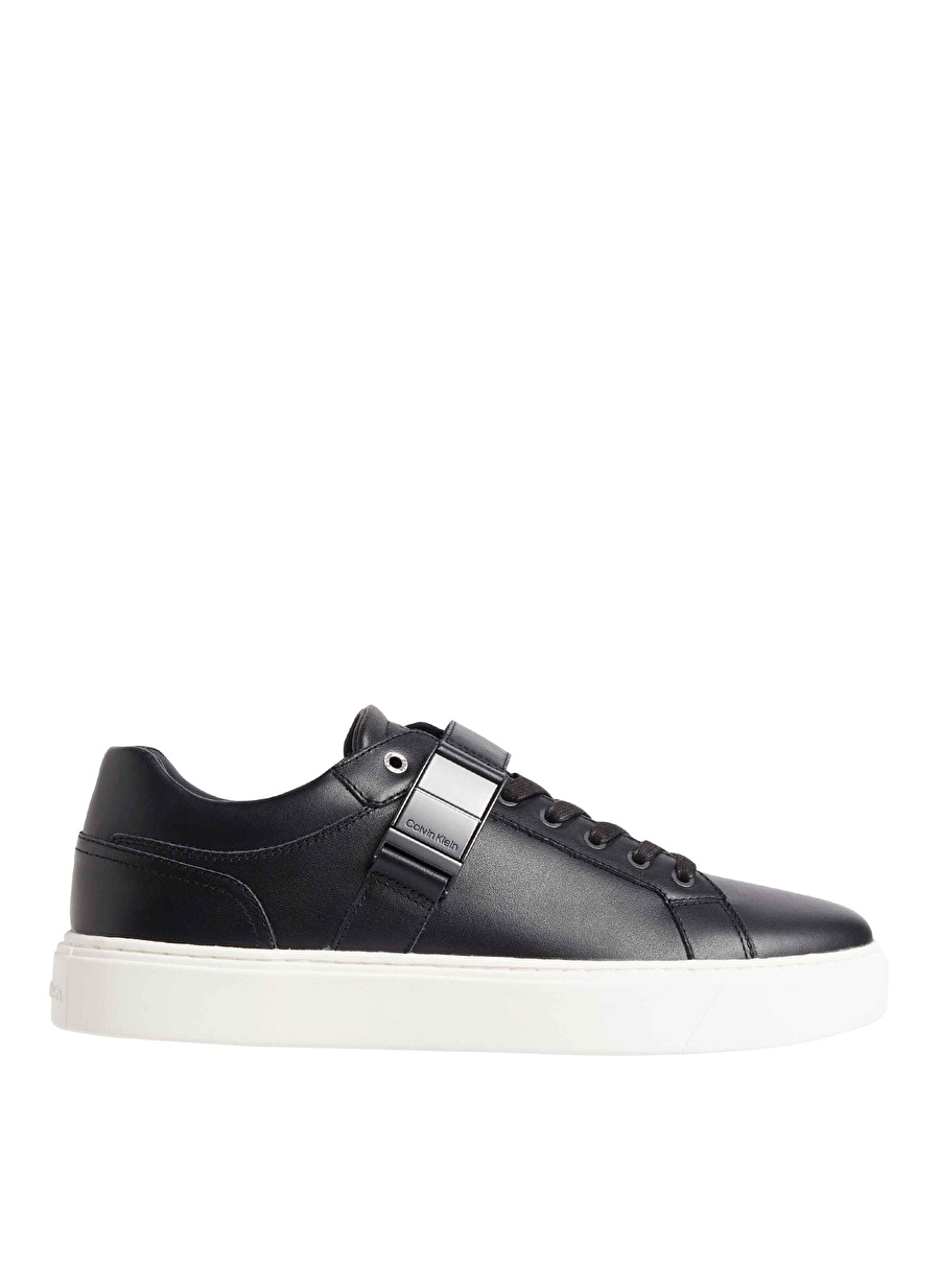 Calvin Klein Siyah Erkek Deri Sneaker LOW TOP LACE UP W/ ICONIC PLAQUE