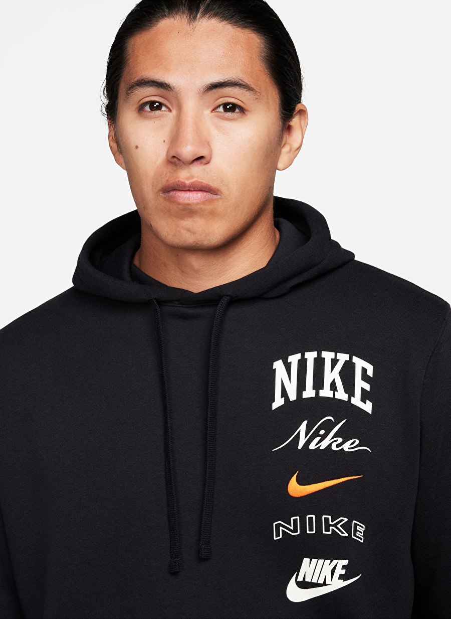 Nike Siyah Erkek Kapüşon Yaka Baskılı Sweatshirt FN2634-010-M NK CLUB BB PO HDY STAC