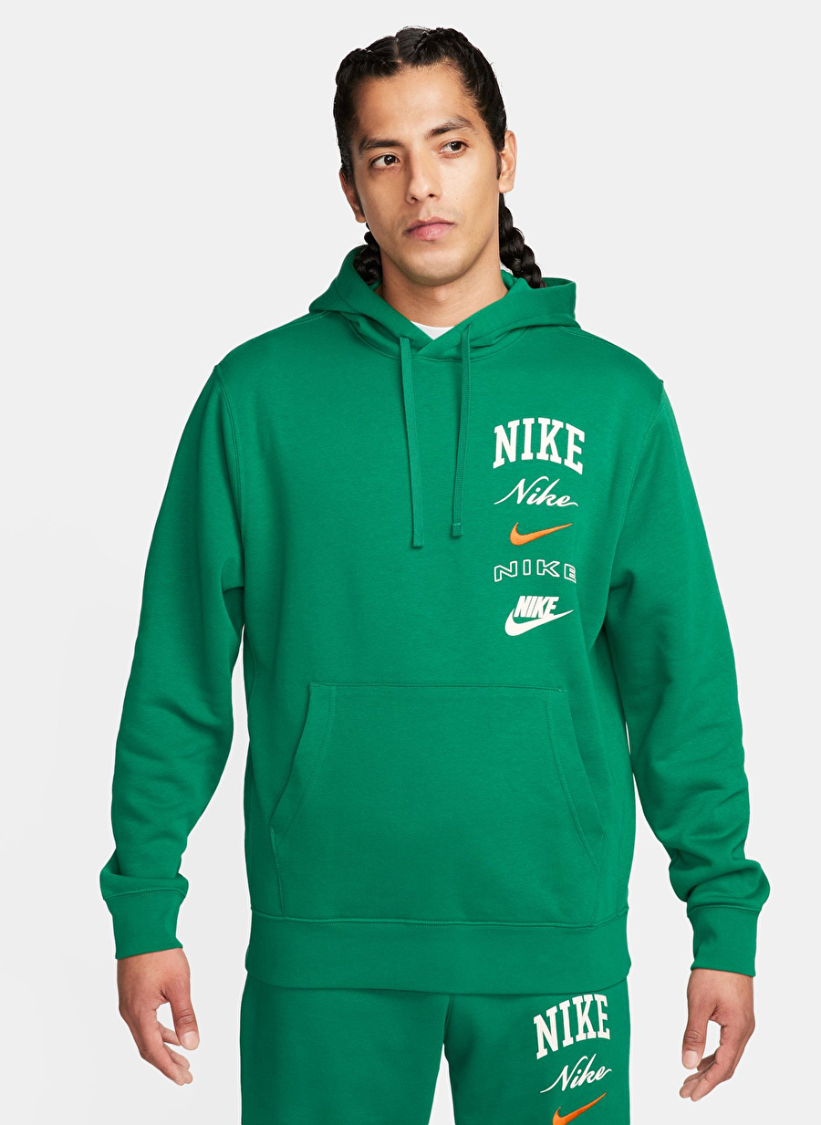 Nike Yeşil Erkek Kapüşon Yaka Baskılı Sweatshirt FN2634-365-M NK CLUB BB PO HDY STAC