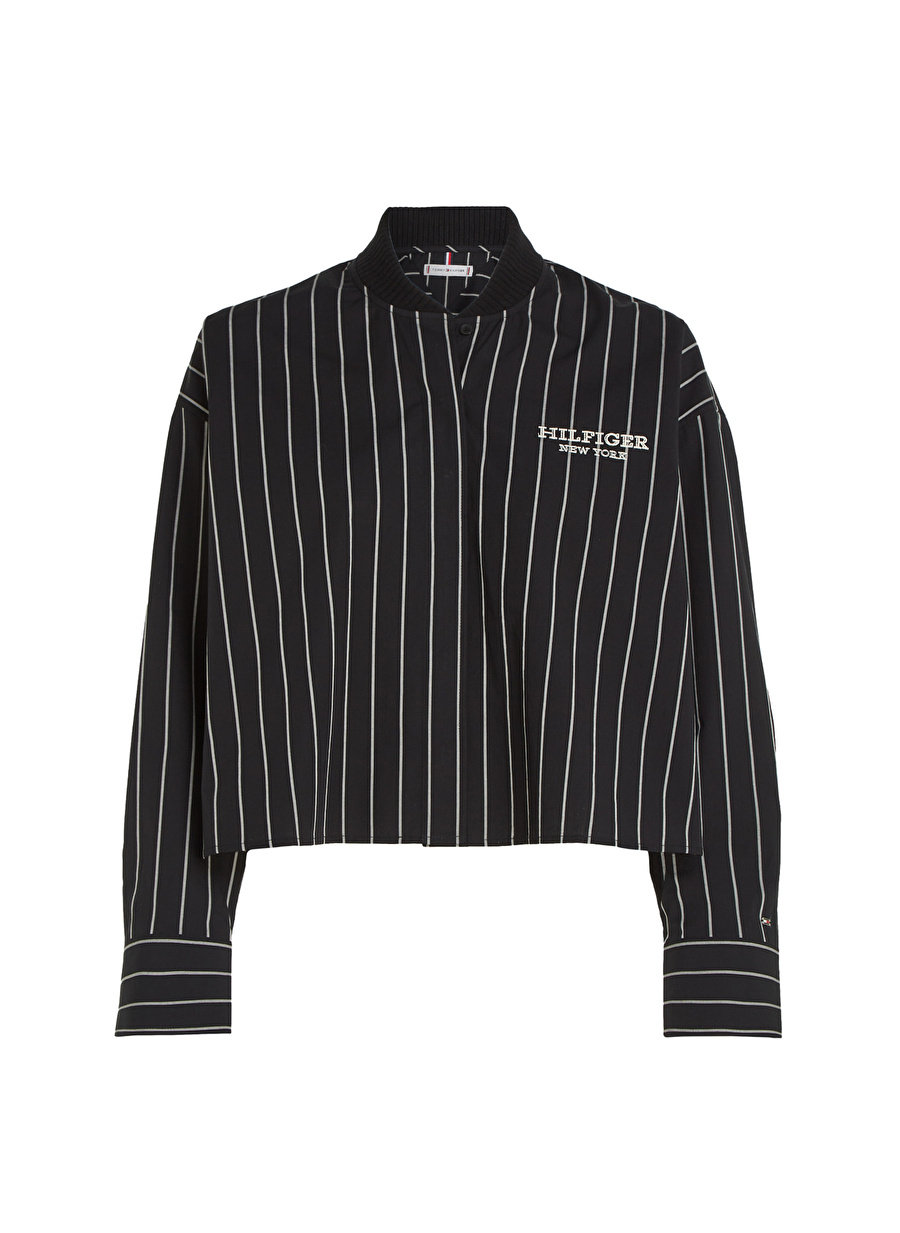 Tommy Hilfiger Normal Bomber Yaka Çizgili Siyah Kadın Gömlek BASEBALL STRIPE RIB NECK SHIRT