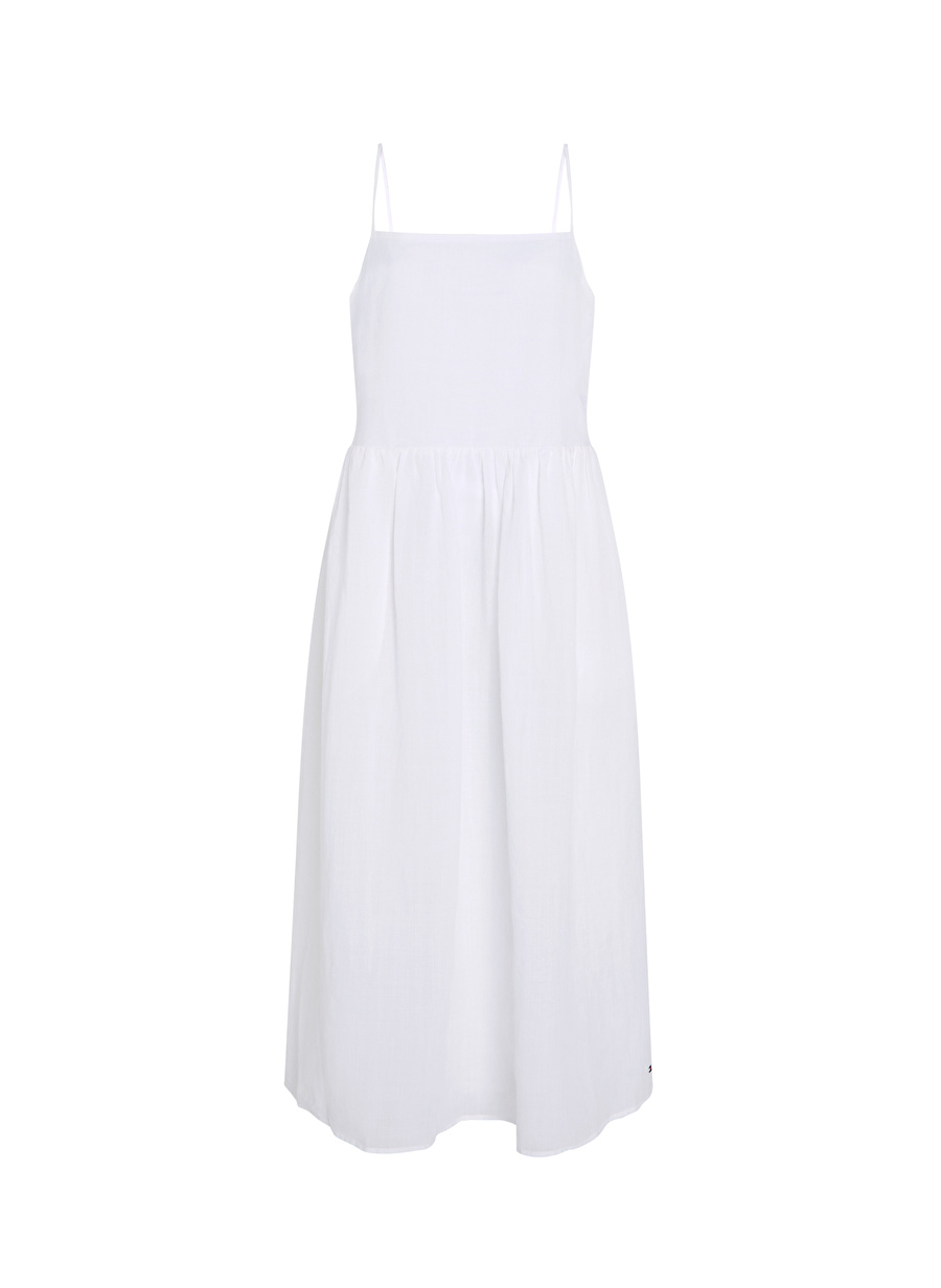 Tommy Hilfiger Kare Yaka Düz Beyaz Uzun Kadın Elbise LINEN MIDI SLIP DRESS