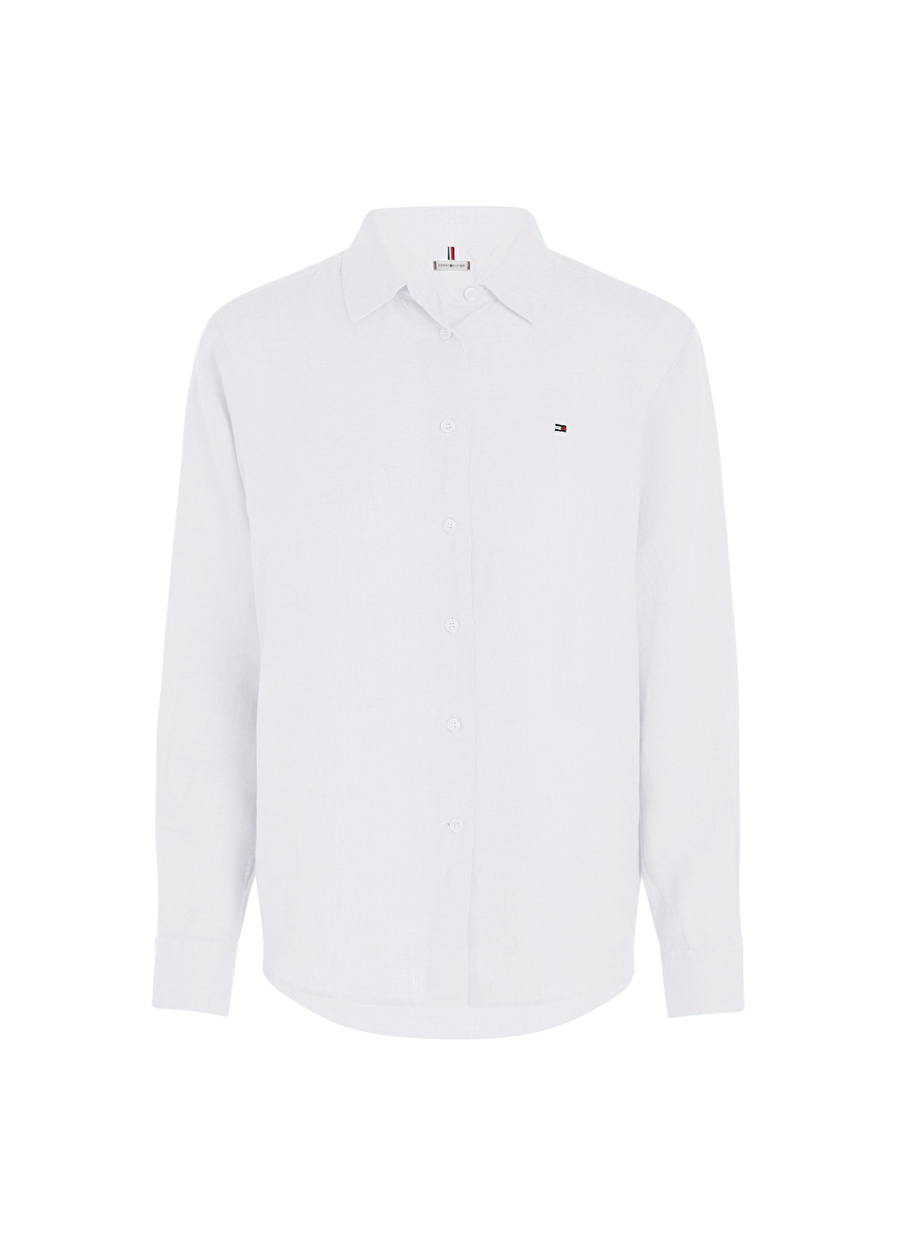 Tommy Hilfiger Normal Gömlek Yaka Düz Beyaz Kadın Gömlek LINEN RELAXED SHIRT LS