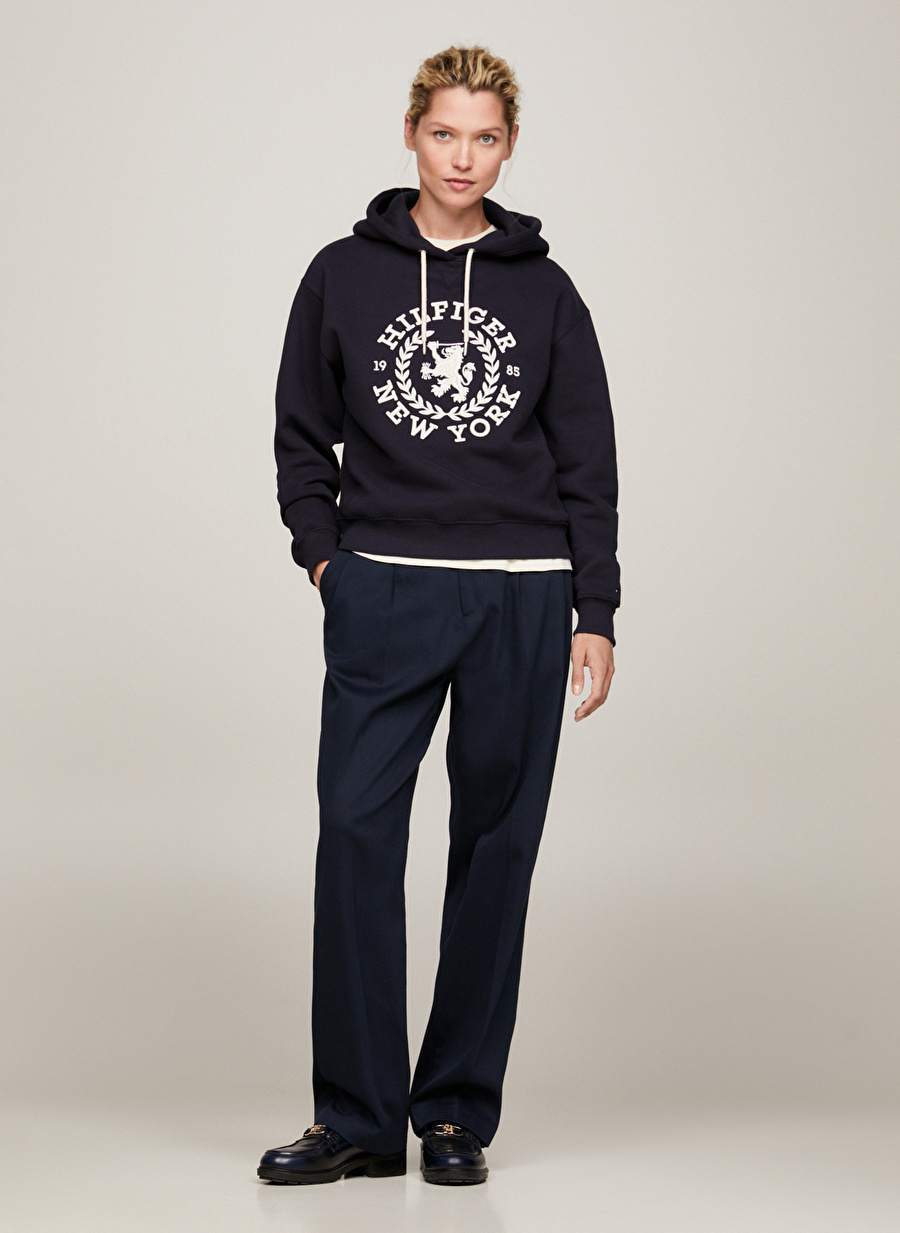 Tommy Hilfiger Kapüşon Yaka Nakışlı Lacivert Kadın Sweatshırt REG CREST HOODIE