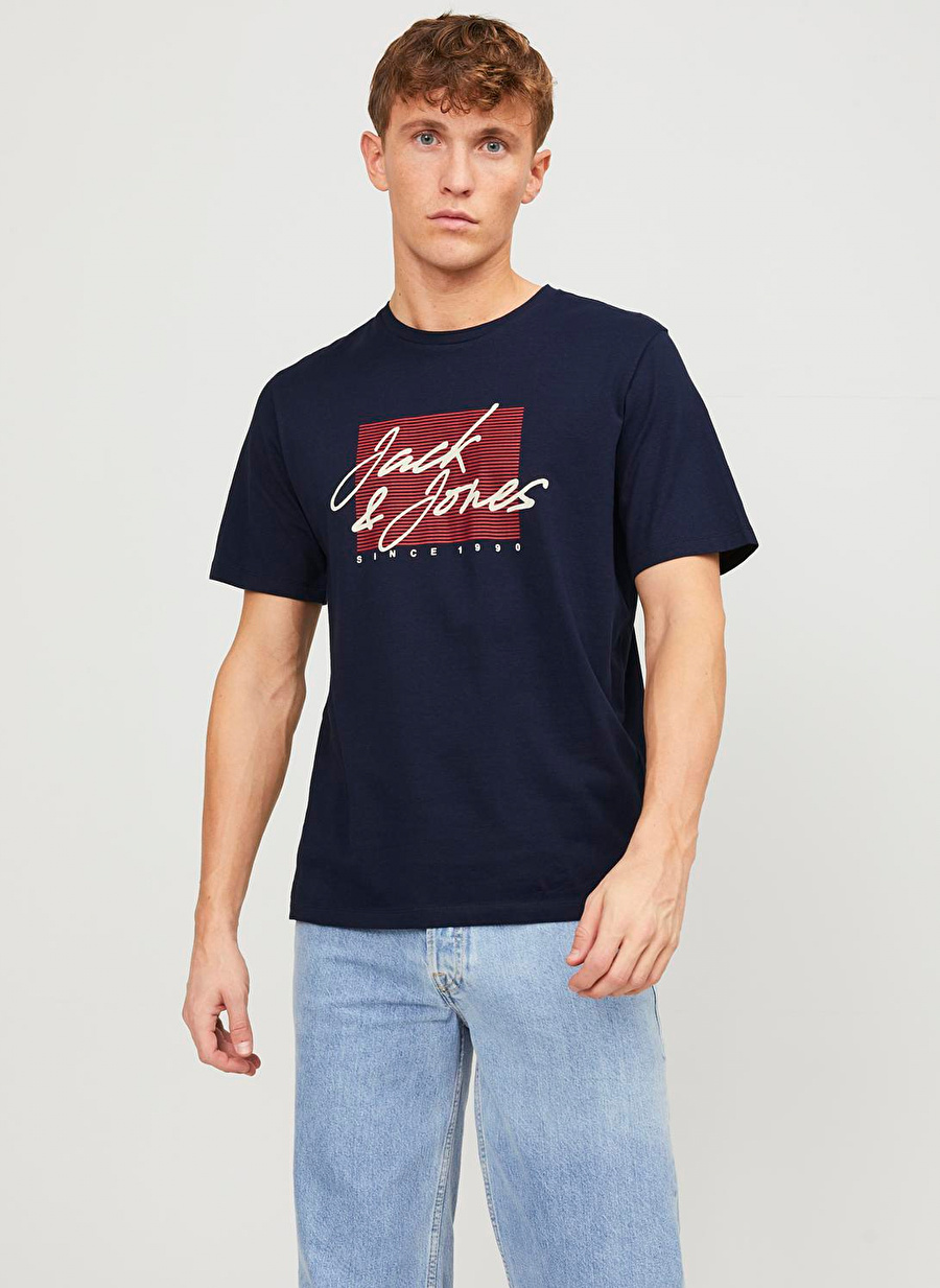 Jack & Jones Bisiklet Yaka Lacivert Erkek T-Shirt JJZURI TEE SS CREW NECK LN