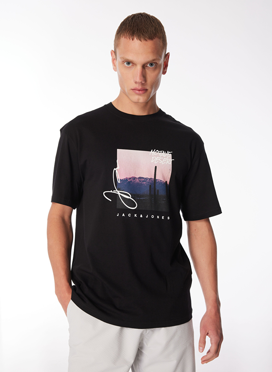 Jack & Jones Bisiklet Yaka Siyah Erkek T-Shirt JORARUBA PHOTO TEE SS CREW