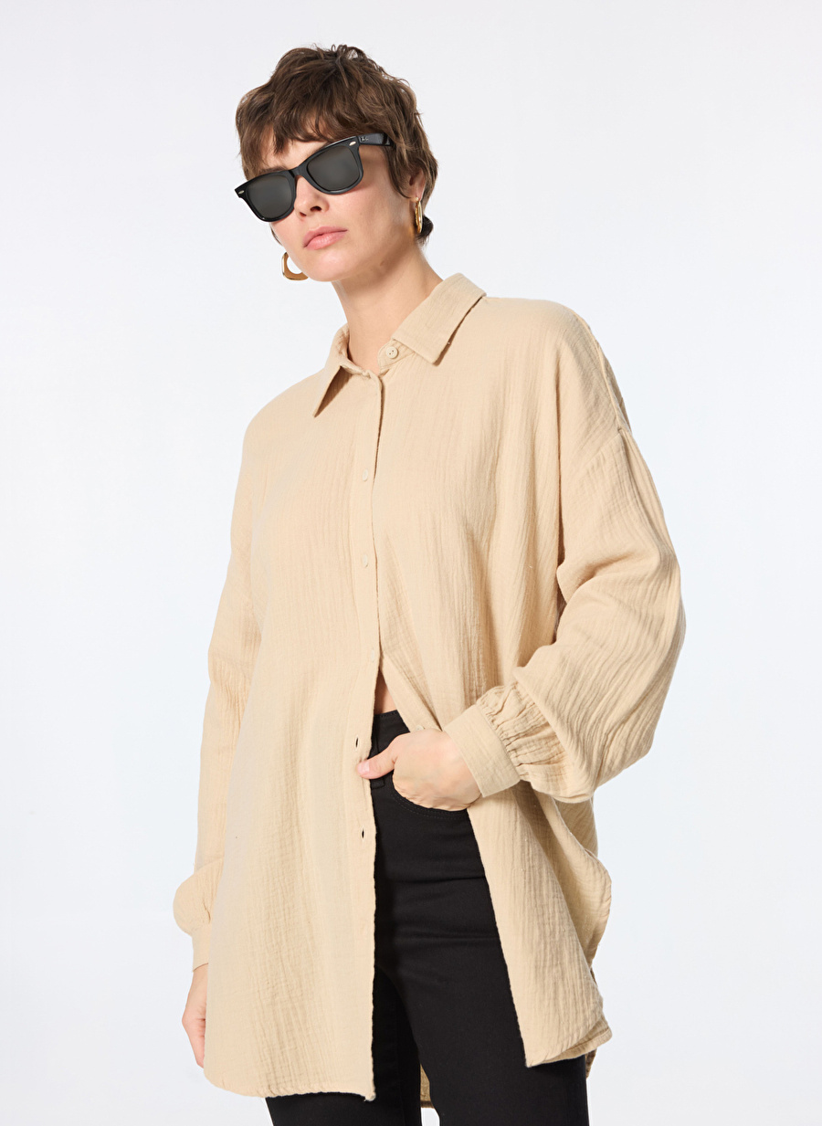 Only Koyu Ekru Kadın Gömlek Oversize Düz Gömlek ONLTHYRA OVERSIZED SHIRT NOOS WVN