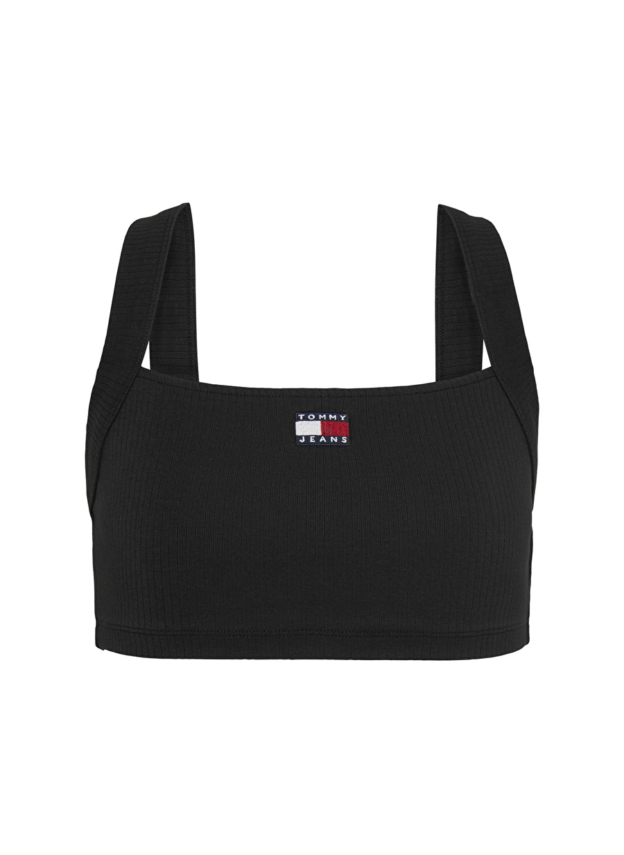 Tommy Jeans U Yaka Düz Siyah Kadın Atlet TJW BADGE WIDE RIB CROP TOP