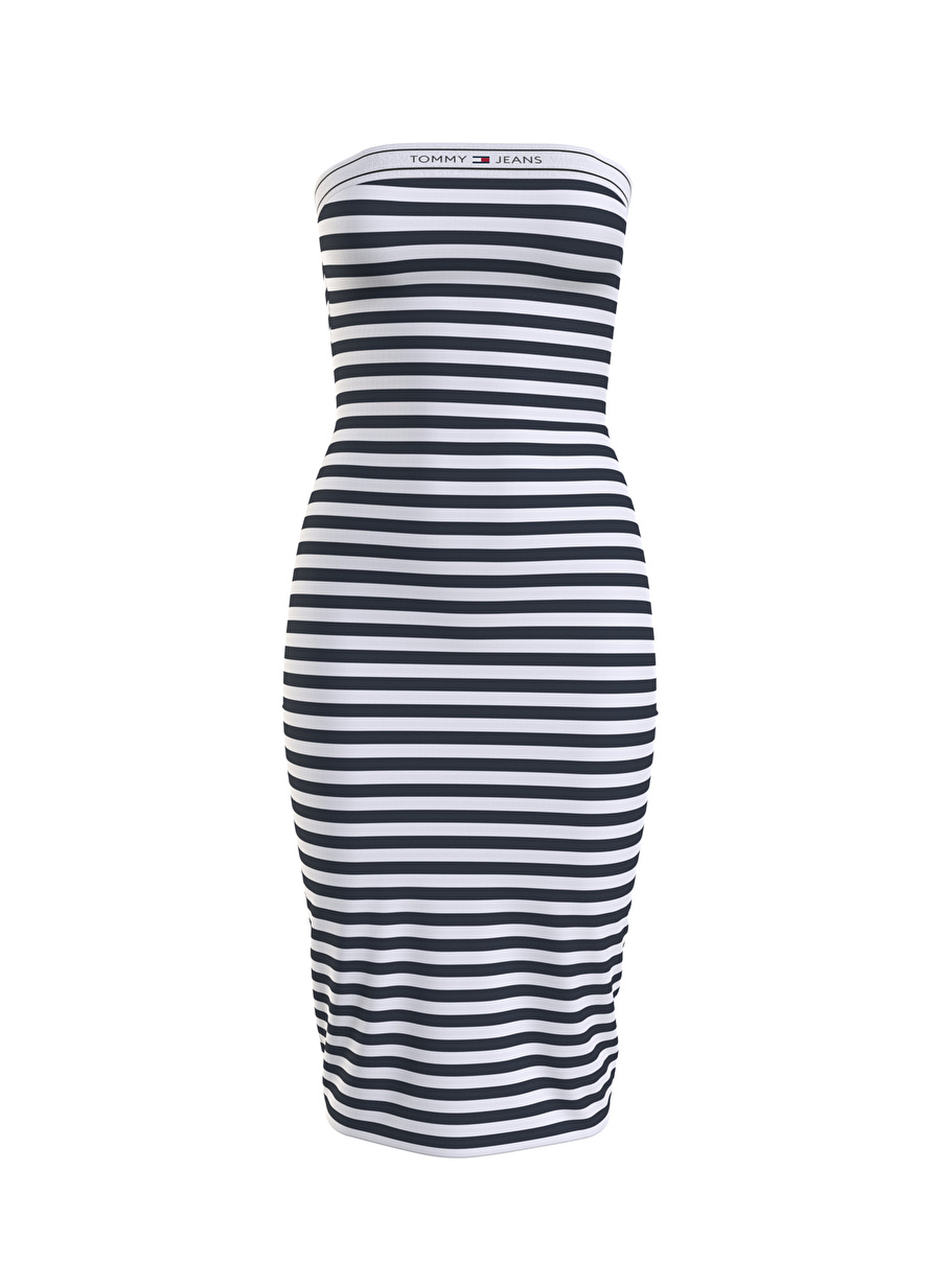 Tommy Jeans Straplez Yaka Çizgili Mavi Uzun Kadın Elbise TJW LOGO TAPE STRIPE TUBE DRESS