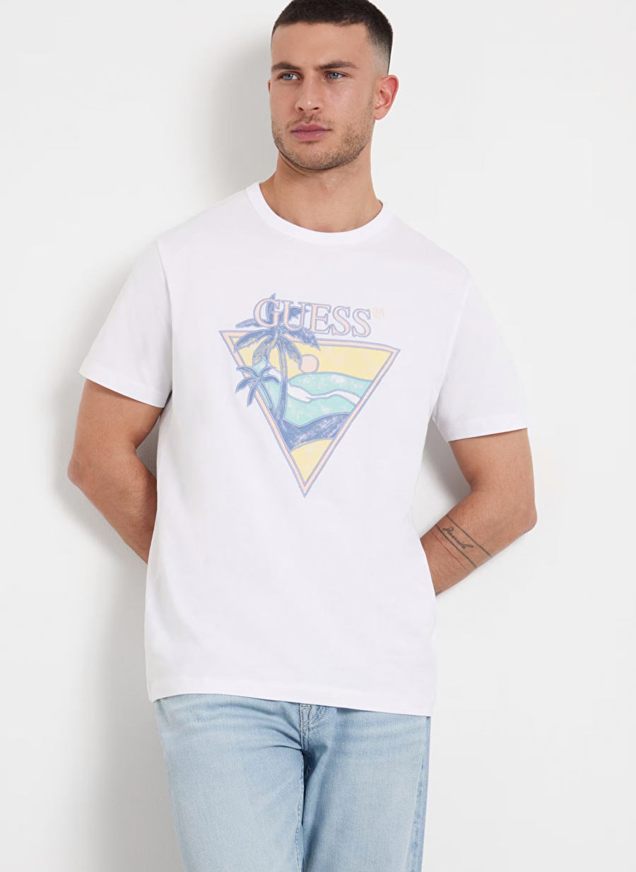 Guess Bisiklet Yaka Baskılı Beyaz Erkek T-Shirt M4GI16I3Z14G011_SS CN SUMMER TRIANG