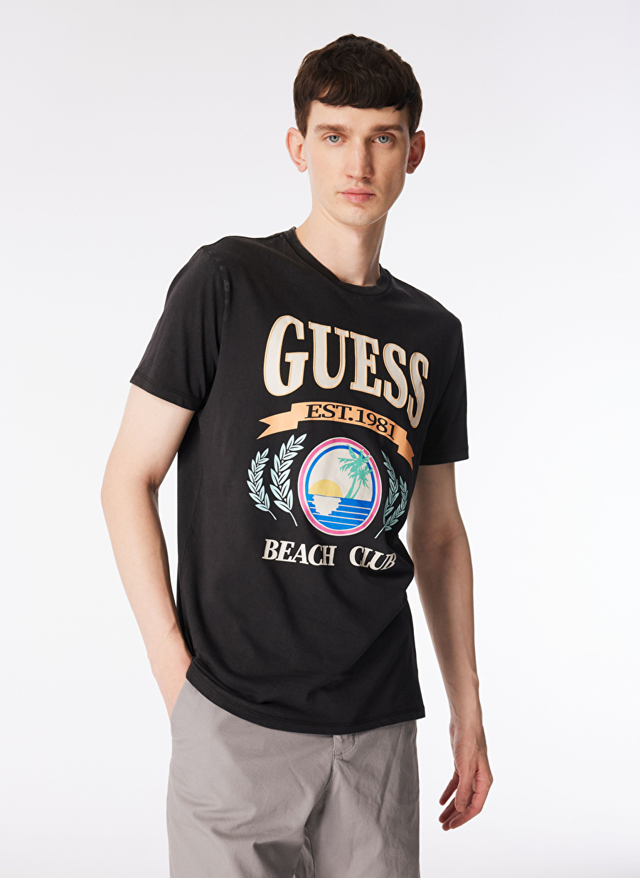 Guess Bisiklet Yaka Baskılı Siyah Erkek T-Shirt M4GI57K9RM1JTMU_SS BSC BEACH CLUB T