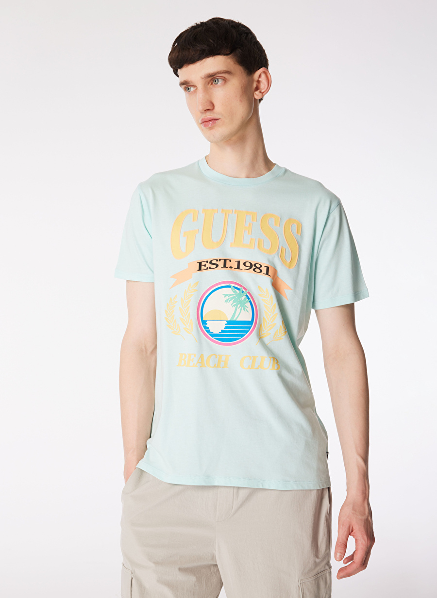 Guess Bisiklet Yaka Baskılı Krem Erkek T-Shirt M4GI57K9RM1F7PD_SS BSC BEACH CLUB T