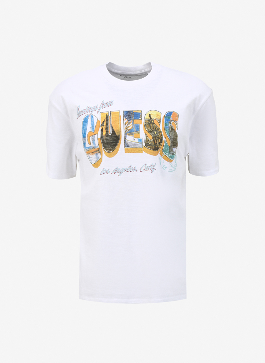 Guess Bisiklet Yaka Baskılı Beyaz Erkek T-Shirt M4GI44KC6U1G011_SS BSC GUESS POSTCA