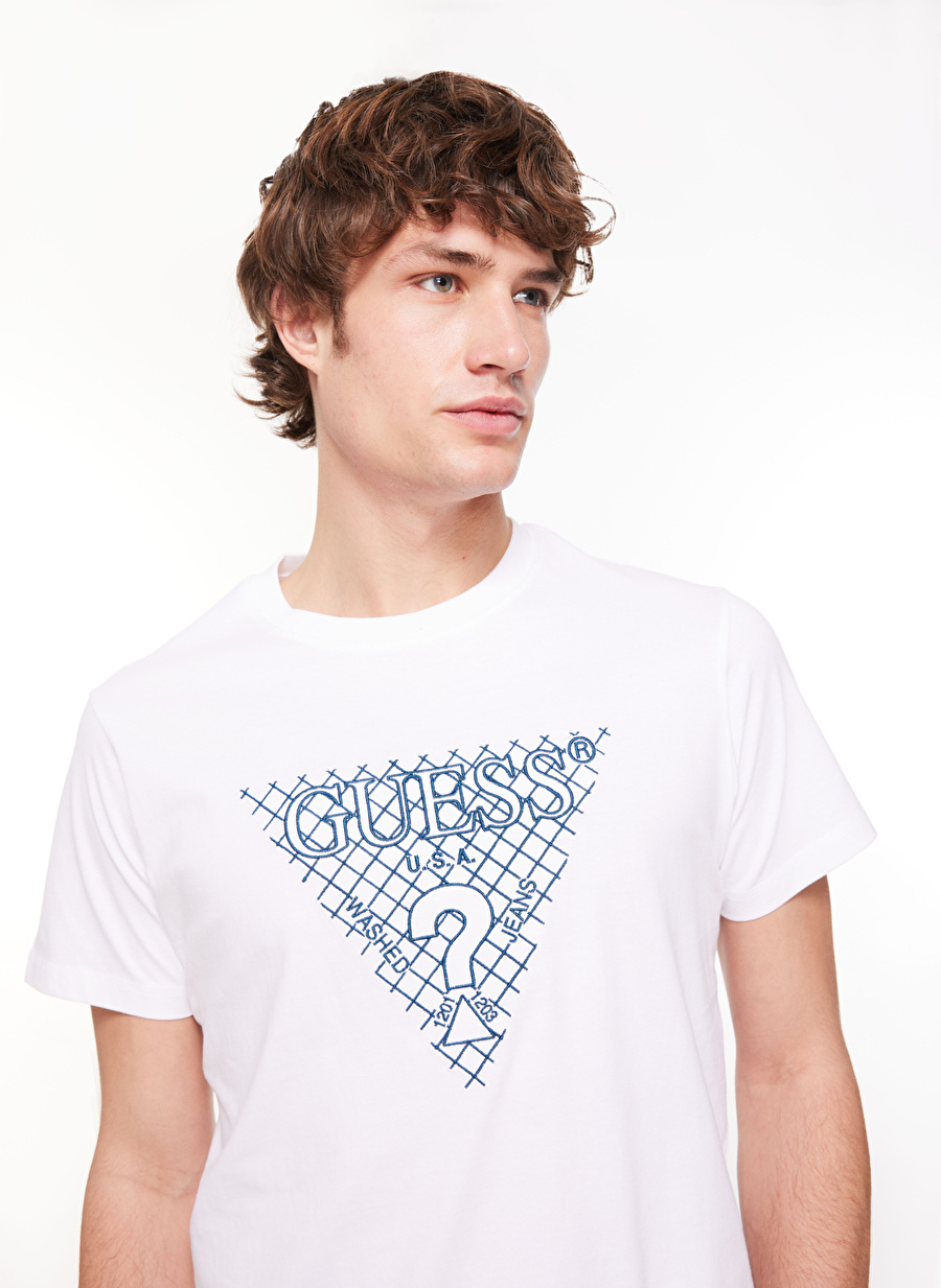 Guess Bisiklet Yaka Düz Beyaz Erkek T-Shirt M4RI27K8FQ4G011_SS CN TRIANGLE EMBR