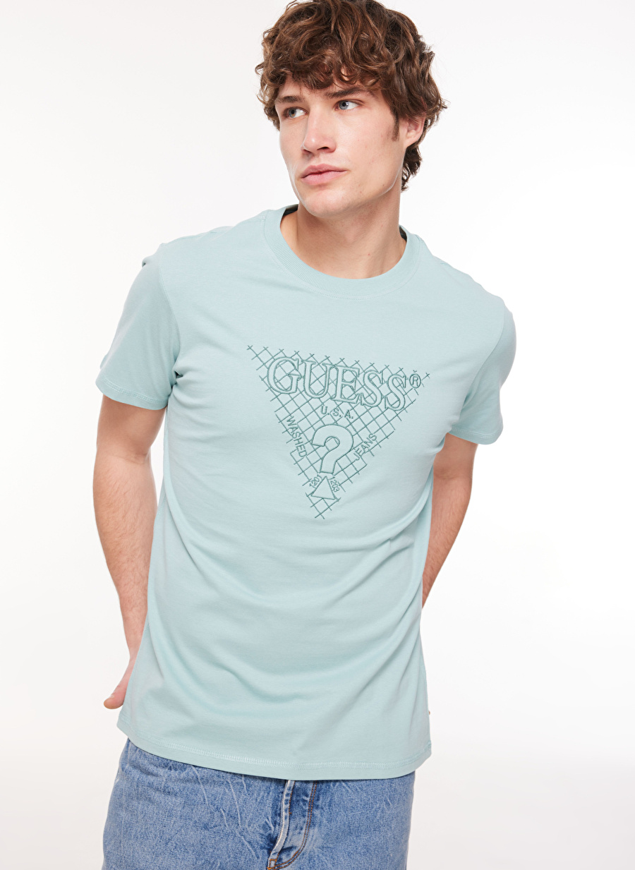 Guess Bisiklet Yaka Düz Mavi Erkek T-Shirt M4RI27K8FQ4G7FE_SS CN TRIANGLE EMBR