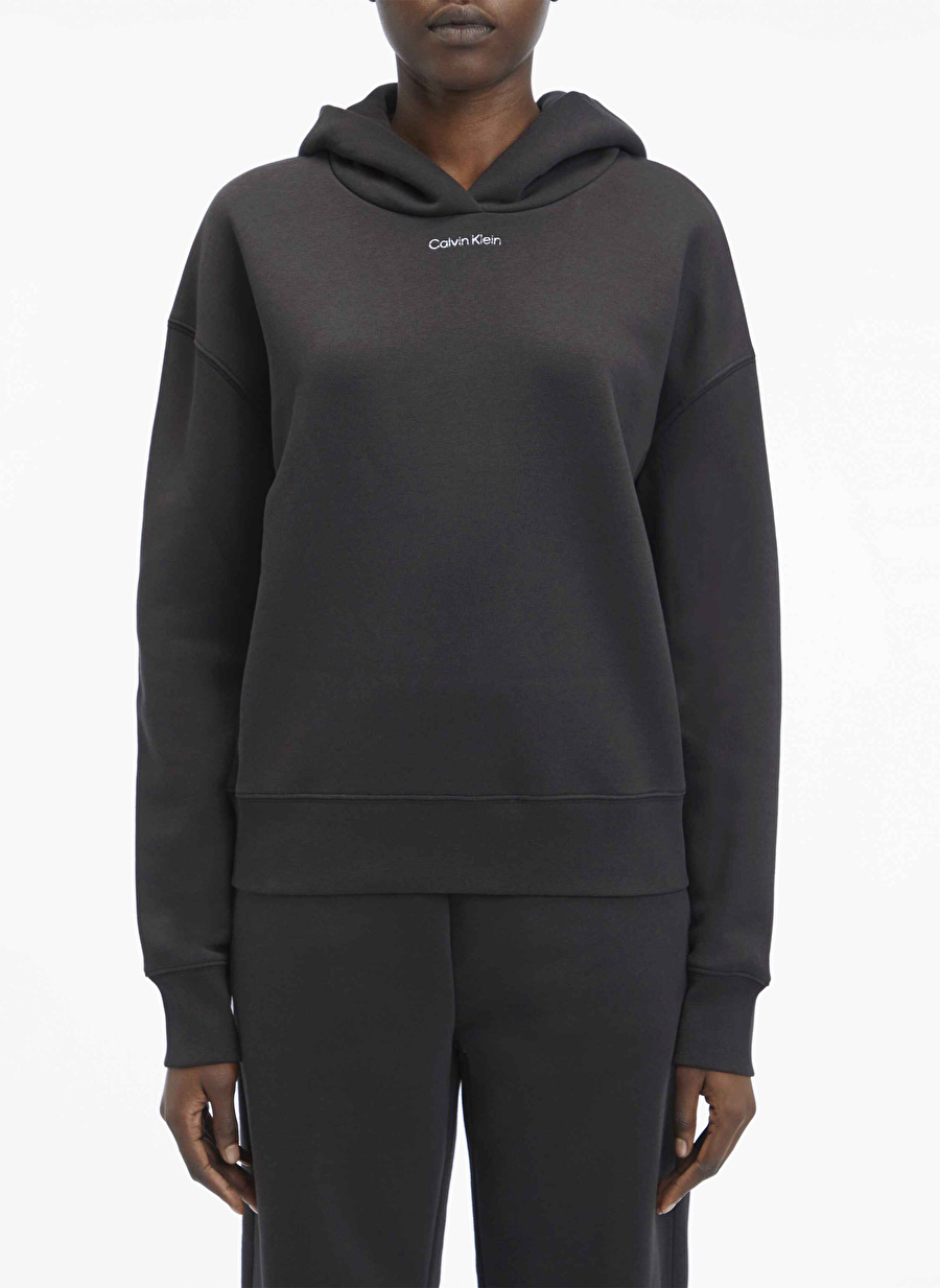 Calvin Klein Kapüşon Yaka Düz Siyah Kadın Sweatshırt METALLIC MICRO LOGO HOODIE