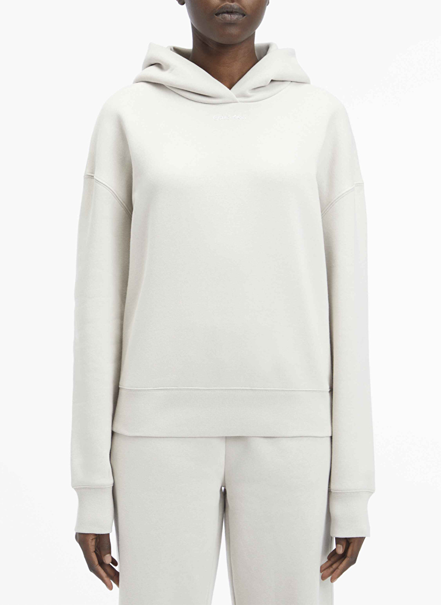 Calvin Klein Kapüşon Yaka Düz Açık Gri Kadın Sweatshırt METALLIC MICRO LOGO HOODIE