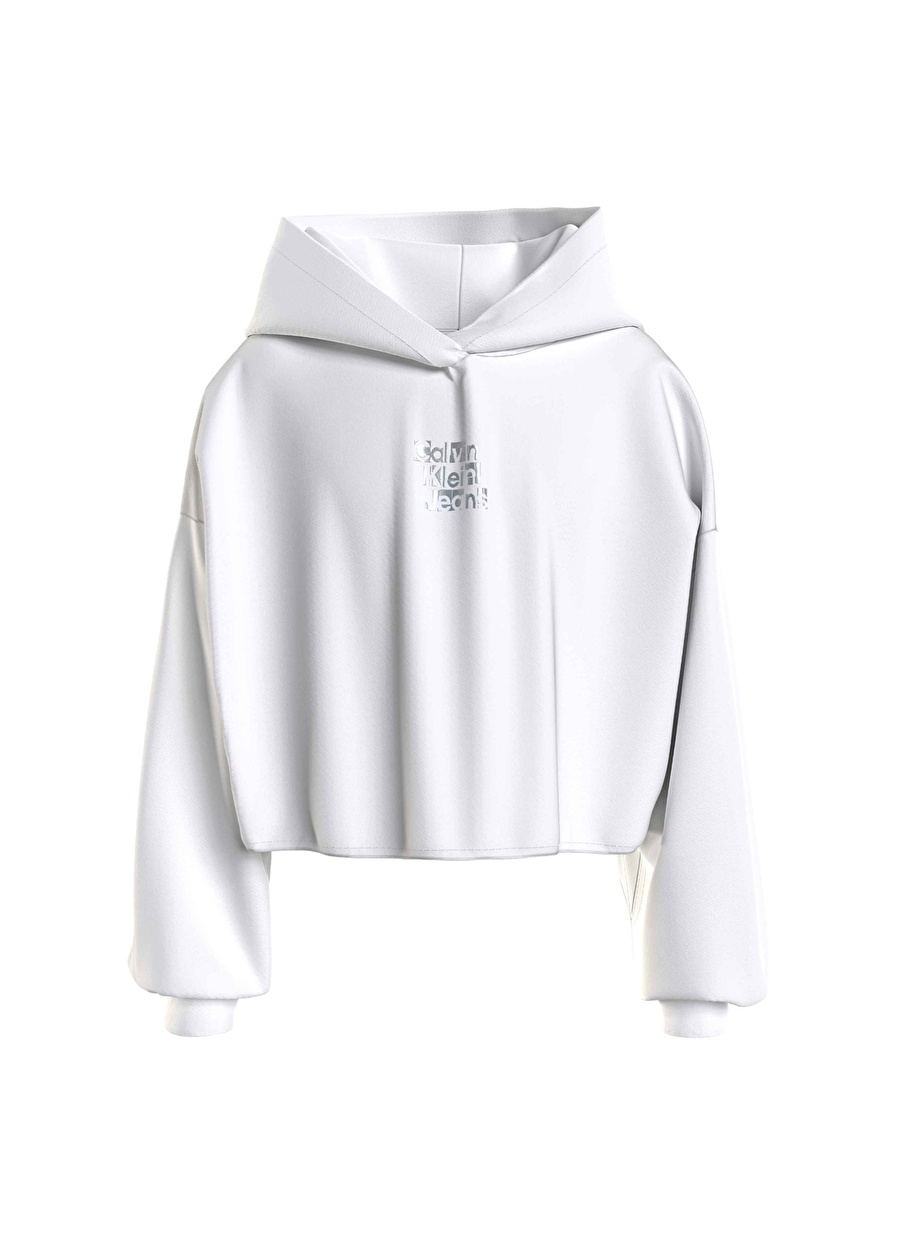 Beyaz Kız Çocuk Kapüşon Yaka Sweatshirt METALLIC CKJ BACK LOGO HOODIE