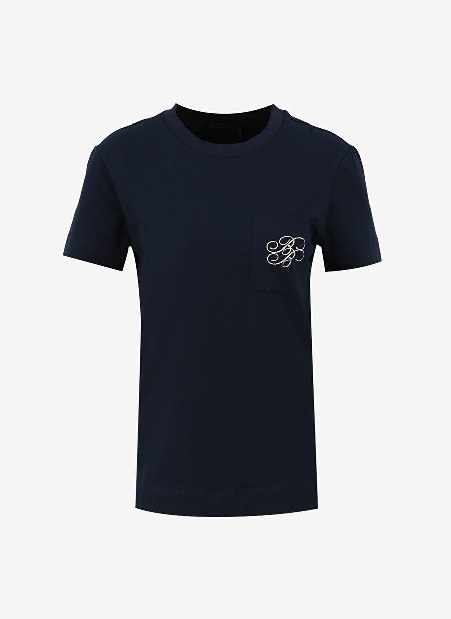 Brooks Brothers Bisiklet Yaka Lacivert Kadın T-Shirt Logo Nakışlı Basic Tshirt