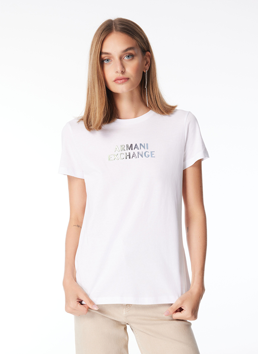 Armani Exchange Bisiklet Yaka Baskılı Beyaz Kadın T-Shirt 3DYT14