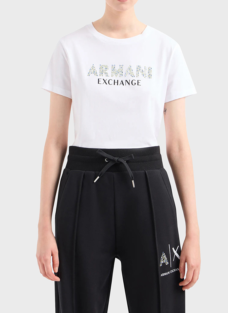 Armani Exchange Bisiklet Yaka Baskılı Beyaz Kadın T-Shirt 3DYT13