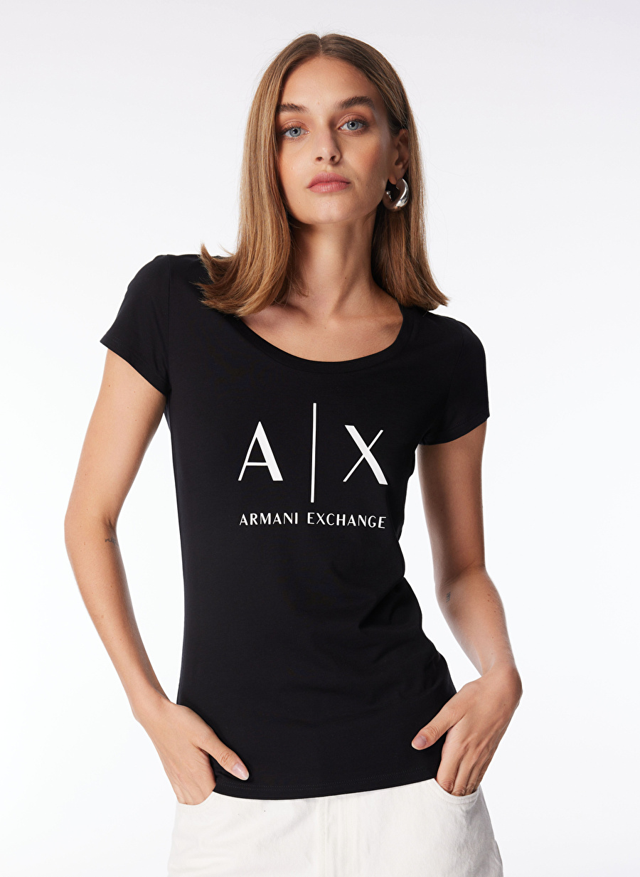 Armani Exchange Bisiklet Yaka Baskılı Siyah Kadın T-Shirt 8NYT70