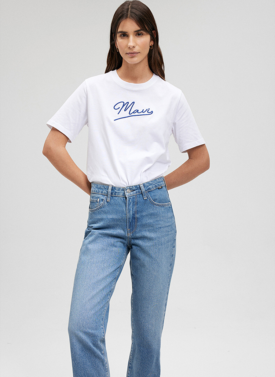 Mavi Bisiklet Yaka Beyaz Kadın T-Shirt M1612421-620-MAVI JEANS BASKILI TİŞ