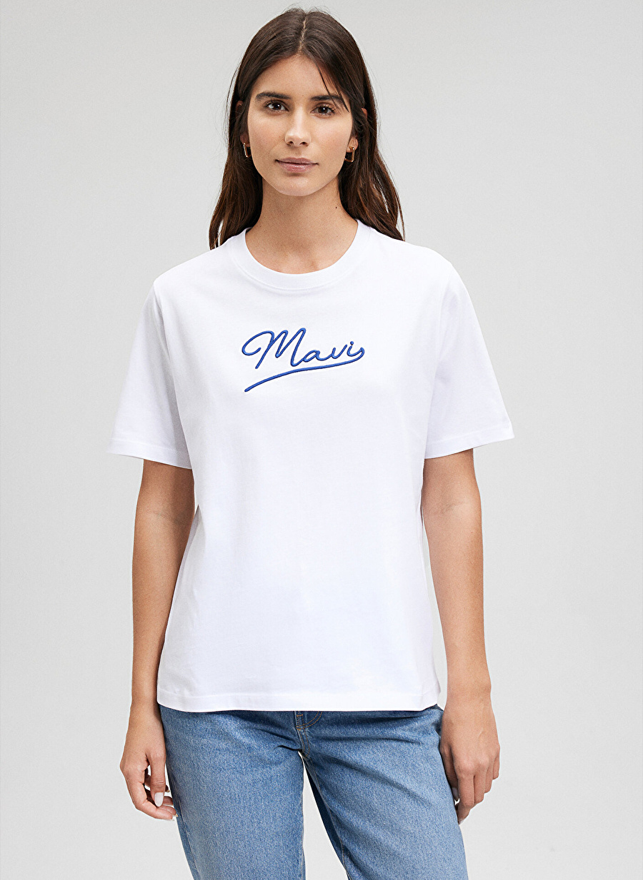 Mavi Bisiklet Yaka Beyaz Kadın T-Shirt M1612421-620-MAVI JEANS BASKILI TİŞ_2