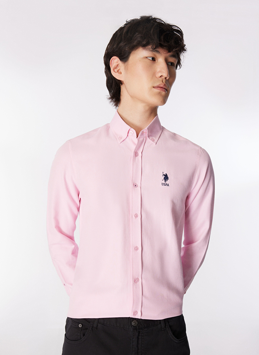 U.S. Polo Assn. Slim Fit Düğmeli Yaka Pembe Erkek Gömlek NOVA024Y