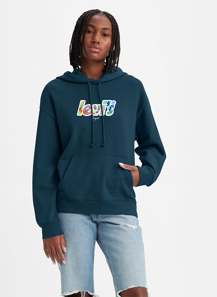 Levis Kapüşon Yaka Baskılı Mavi Kadın Sweatshırt GRAPHIC STANDARD HOODIE POSTER LOGO