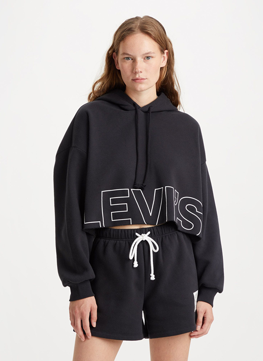 Levis Kapüşon Yaka Düz Siyah Kadın Sweatshırt TR GRAPHIC CROP PRISM T3 HOODIE MIN