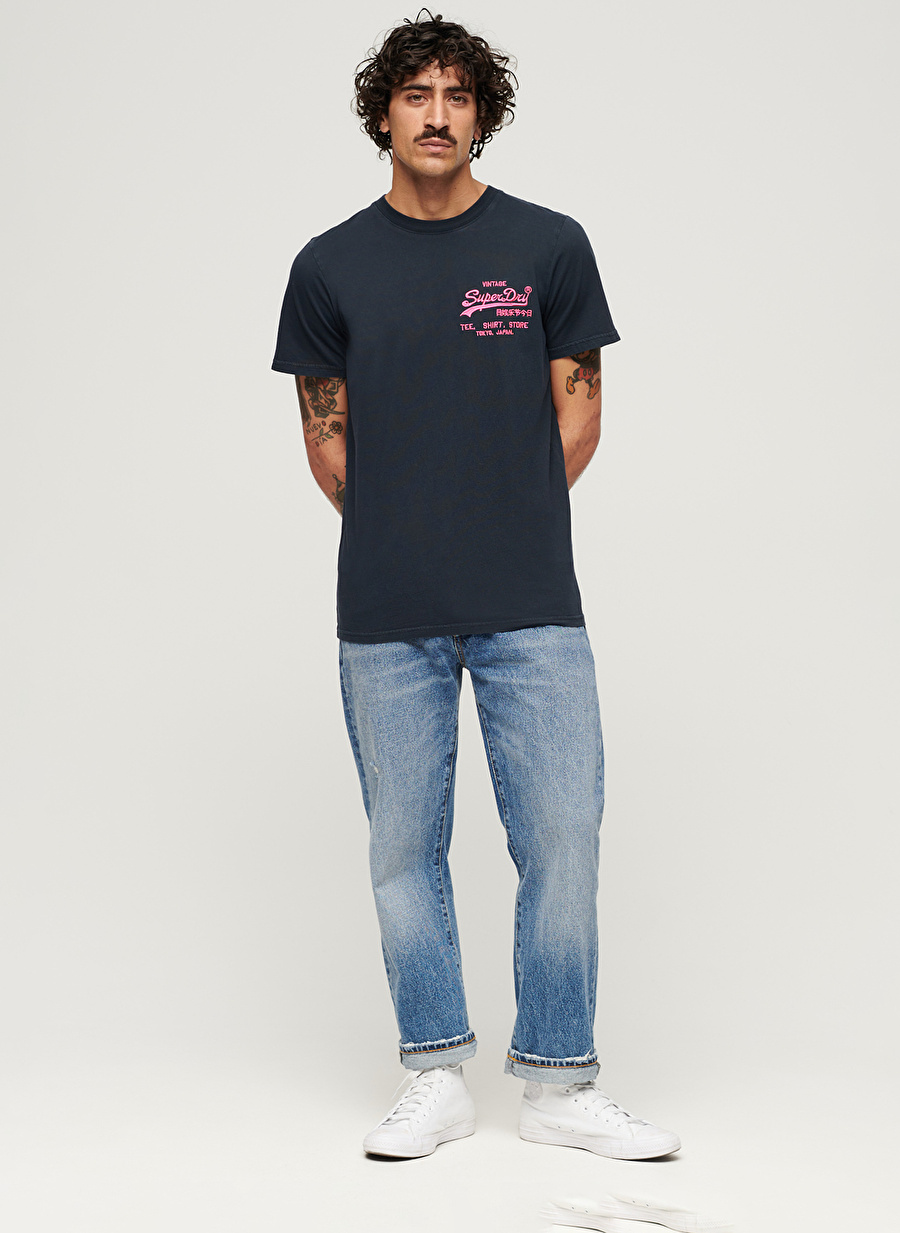 Superdry Bisiklet Yaka Baskılı Lacivert Erkek T-Shirt M1011922A98T_NEON VL T SHIRT