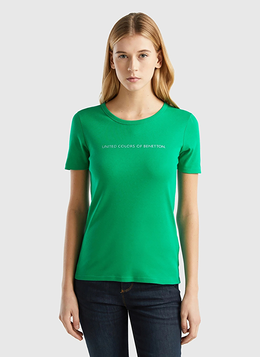 Benetton Bisiklet Yaka Açık Yeşil Kadın T-Shirt 3GA2E16A2