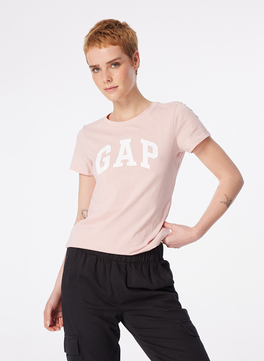 Gap Bisiklet Yaka Düz Pembe - Beyaz Kadın T-Shirt 548683