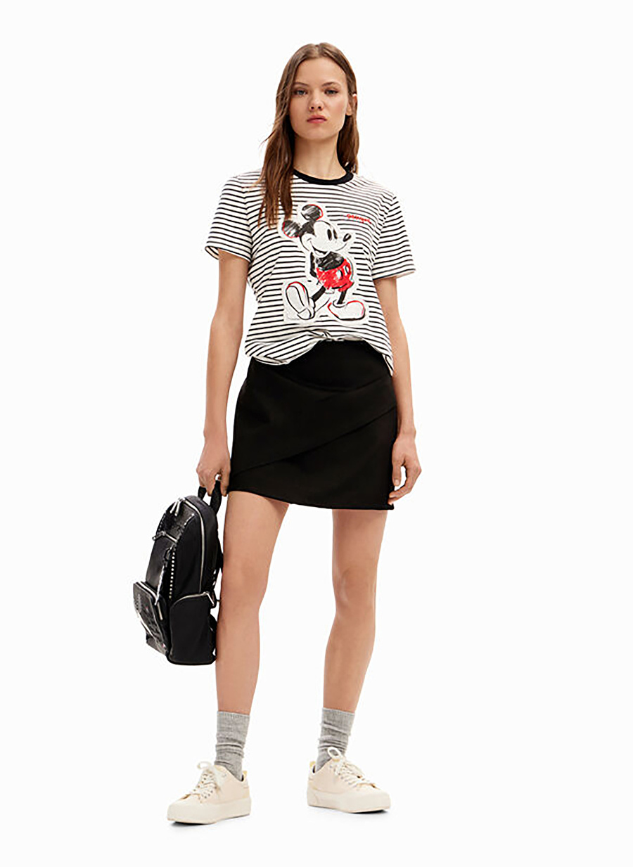 Desigual Mickey Mouse Baskılı Yuvarlak Yaka Beyaz Kadın T-Shirt 24SWTK77