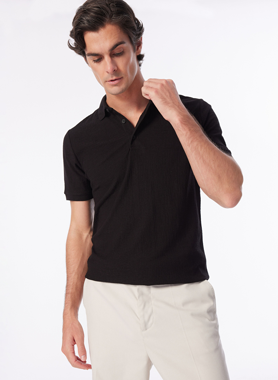 People By Fabrika Siyah Erkek Slim Fit Jakarlı Polo T-Shirt SPBF4SM-TST 5086