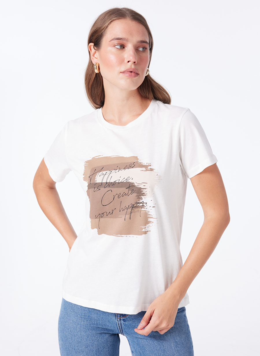 People By Fabrika Bisiklet Yaka Baskılı Ekru Kadın T-Shirt SPBF4SL-TST5567