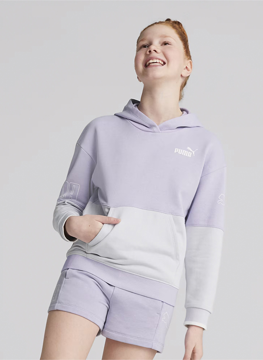 Puma Düz Kız Çocuk Beyaz - Lila Sweatshırt 67354925-PUMA POWER Colorblock Hood