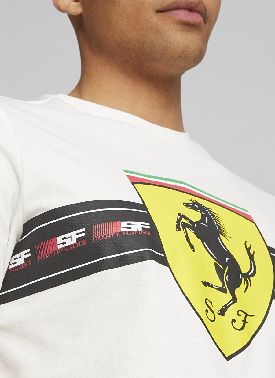 Puma 62095305 Ferrari Race Hrtg  Bg Shld Beyaz Erkek Yuvarlak Yaka Normal Kalıp T-Shirt _1