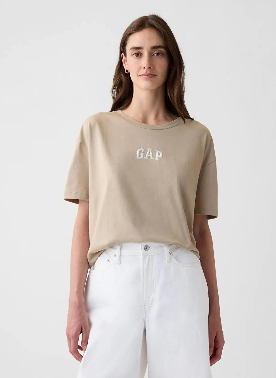 Gap Bisiklet Yaka Düz Bej Kadın T-Shirt 407990