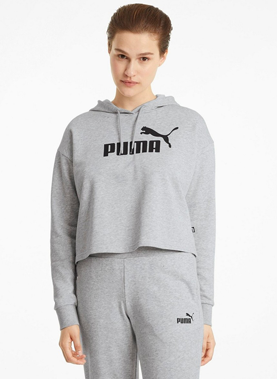 Puma 58687004 ESS Cropped Logo Hoodie TR Gri Kadın Kapüşon Yaka Normal Kalıp Sweatshirt