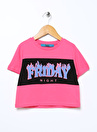 Funky Rocks Fuşya Kız Çocuk Bisiklet Yaka Düşük Omuz Crop Baskılı T-Shirt PRG-01