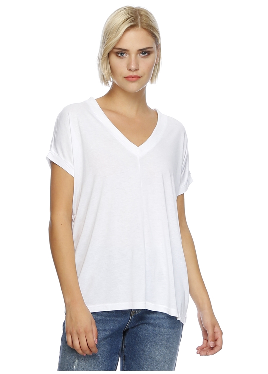 Mavi V Yaka Düz Beyaz Kadın T-Shirt 166449-620