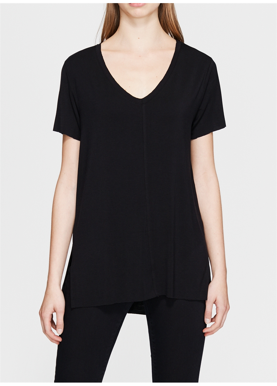 Mavi V Yaka Düz Siyah Kadın T-Shirt BASIC V NECK TOP B_2