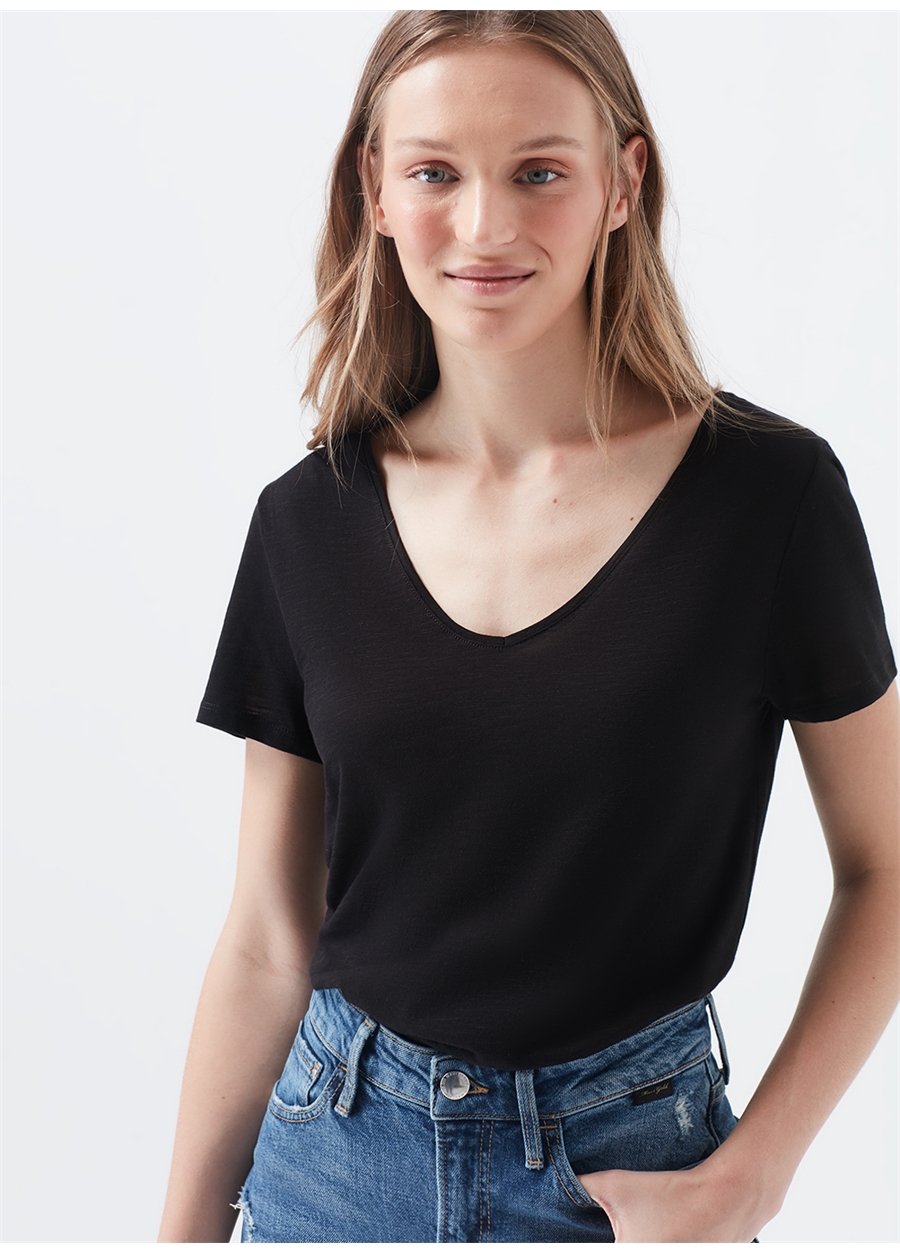Mavi V Yaka Dar Düz Siyah Melanj Kadın T-Shirt
