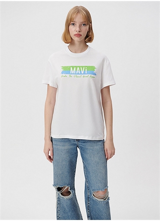 Mavi Mavi Baskılı Penye Beyaz Kadın T-Shirt_2