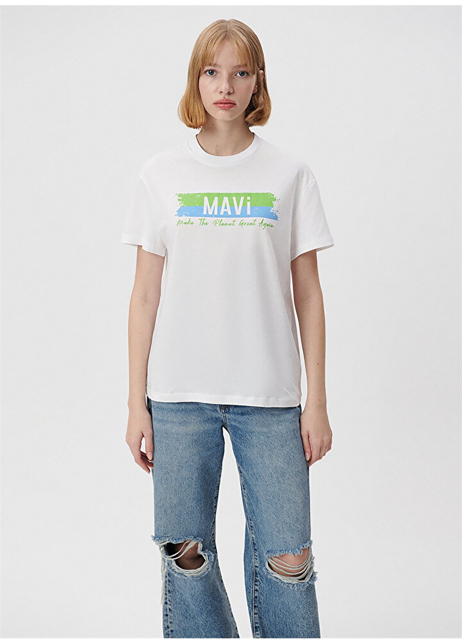 Mavi Mavi Baskılı Penye Beyaz Kadın T-Shirt_2