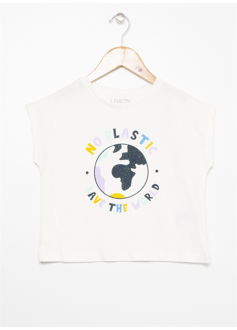 Limon Bisiklet Yaka Kısa Kollu Baskılı Simli Beyaz Kız Çocuk T-Shirt