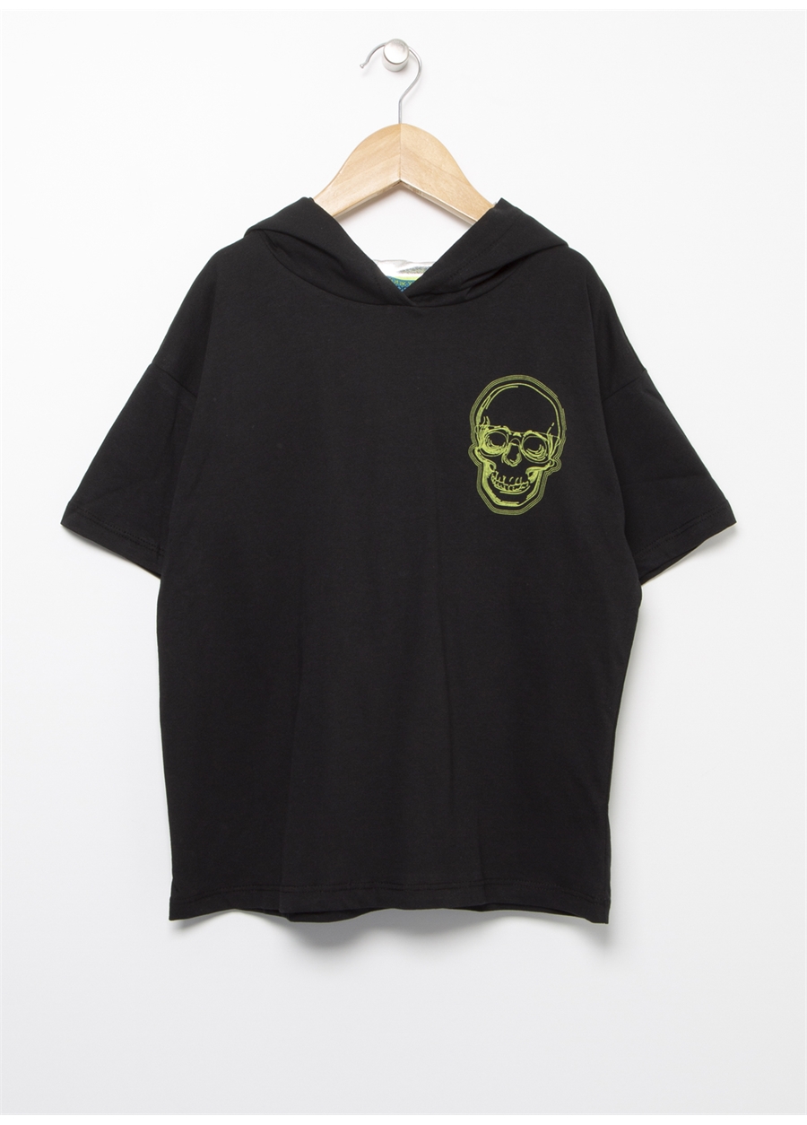 Funky Rocks Tm-14 Kapüşonlu Standart Kalıp Düz Siyah Kız Çocuk T-Shirt