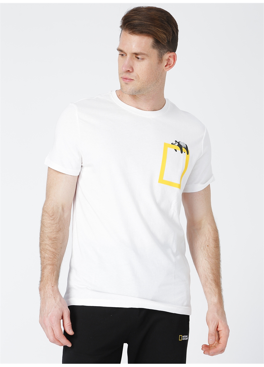 National Geographic Bisiklet Yaka Baskılı Beyaz Erkek T-Shirt VOSTOK