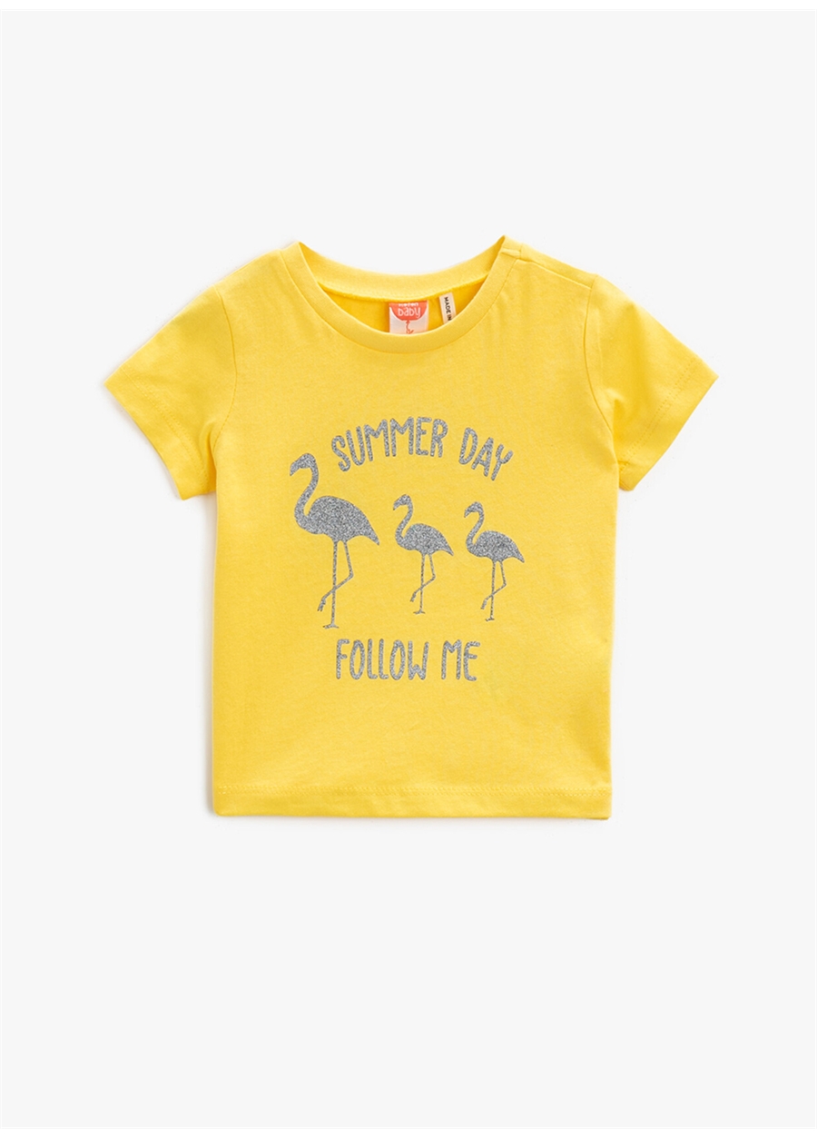 Koton 1YMG19194OK Bisiklet Yaka Kısa Kol Baskılı Sarı Kız Bebek T-Shirt